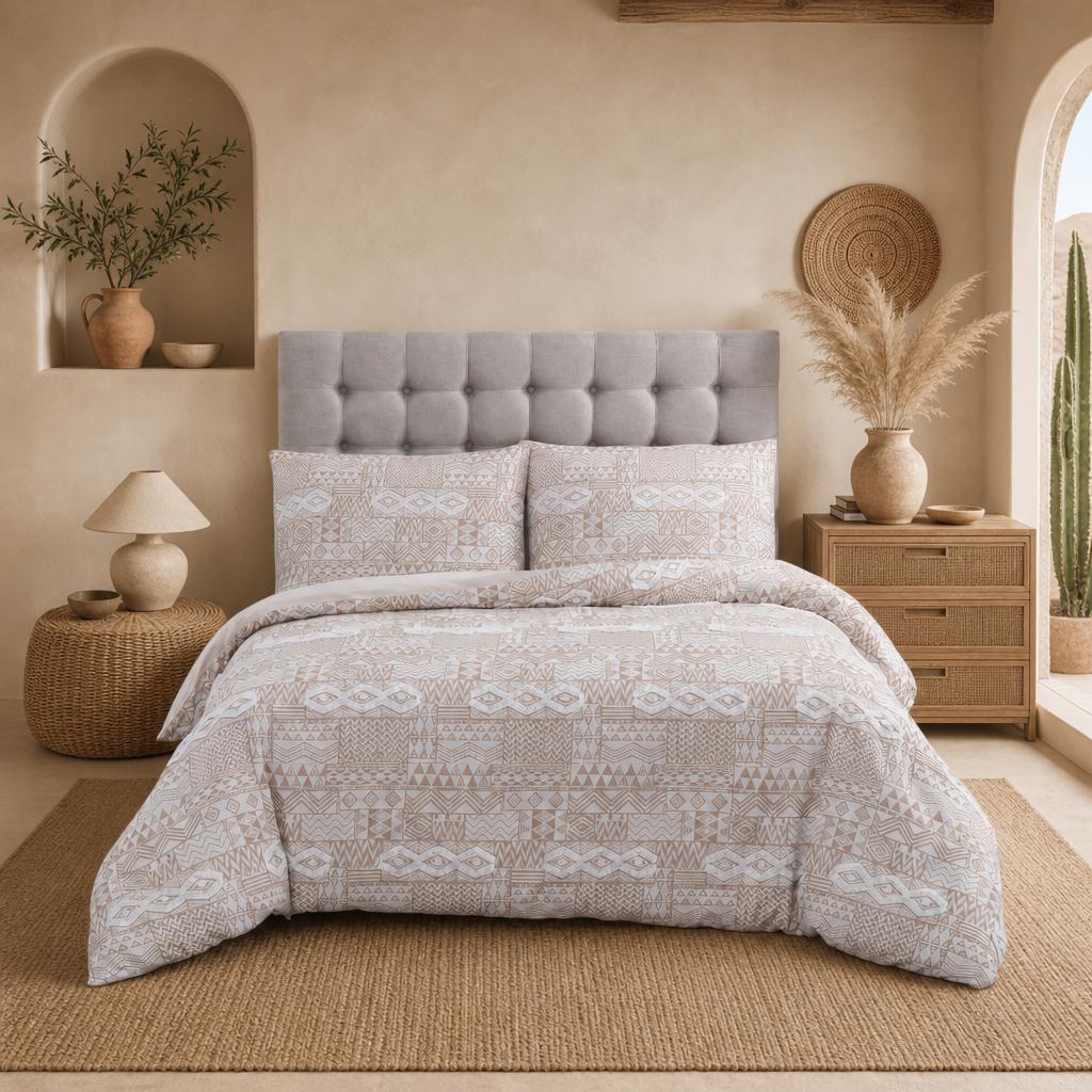Jollyvogue Sahara Blush Queen Comforter Set 3-Piece, Boho Geometric Tribal Striped Bedding Set, Jacquard Comforter with 2 Pillow Shams, Soft Lightweight All Season Bed Set, Grey Peach White