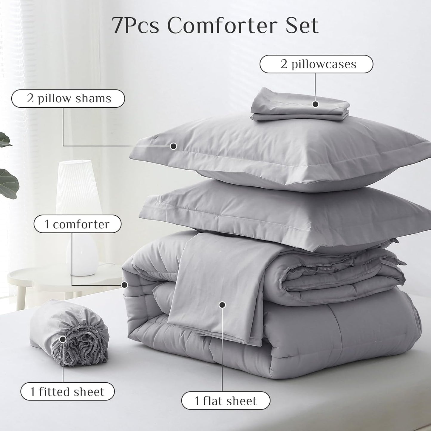JOLLYVOGUE Bedding Comforter Set, Ultra-Soft Bed in a Bag 7 Pieces, Oeko-TEX Certified Bedding Set with Down Alternative Comforter, Sheets, Pillowcases & Shams