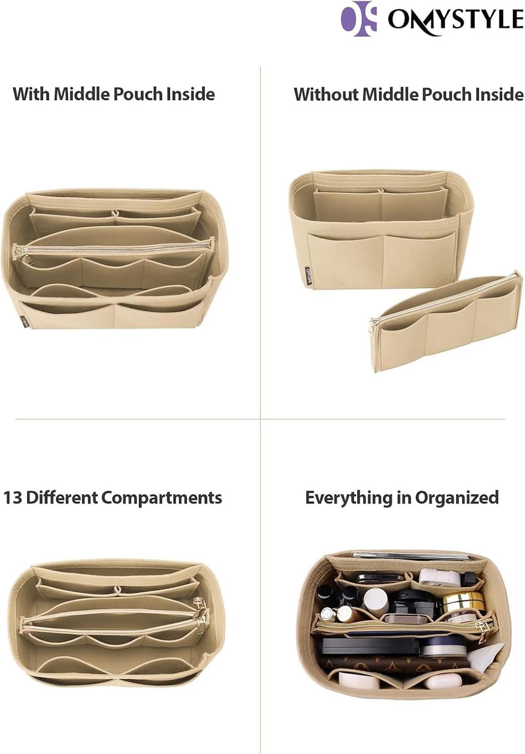 OMYSTYLE Purse Organizer Insert, Felt Tote Bag Organizer Insert with 6 Size