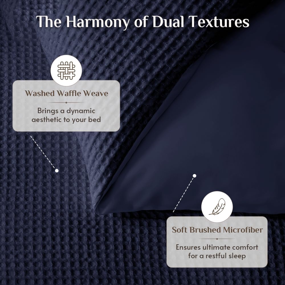 JOLLYVOGUE Waffle Wave Duvet Cover Set Queen Size, 3-Piece, Navy