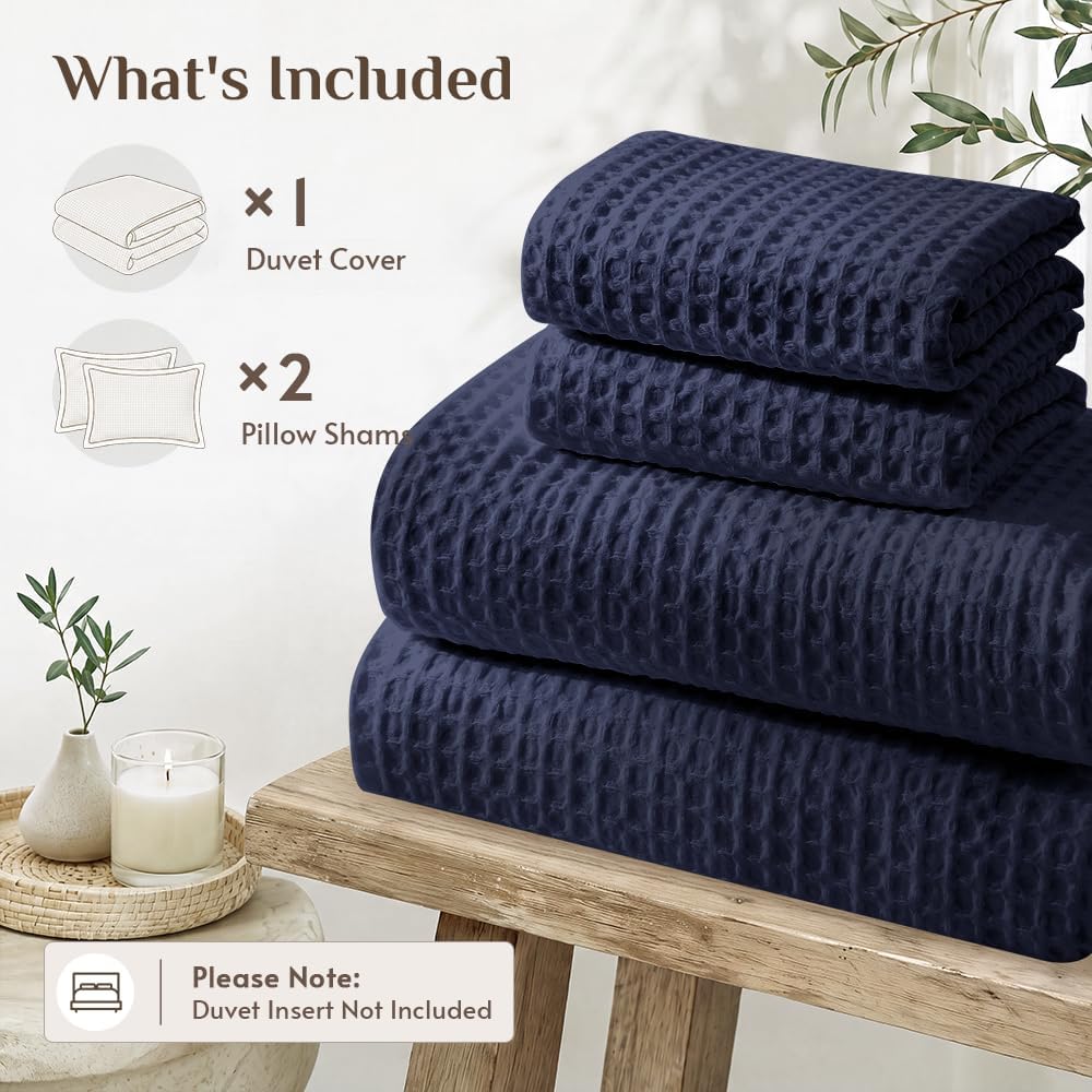 JOLLYVOGUE Waffle Wave Duvet Cover Set Queen Size, 3-Piece, Navy