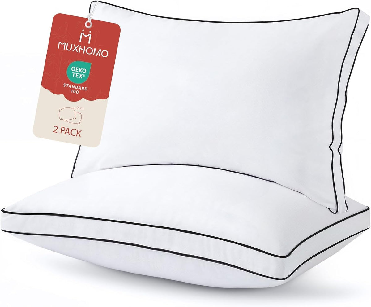 MUXHOMO Bed Pillows Standard Size Set of 2, Full Size Gusseted Bed Pillows for Side, Back, and Stomach Sleepers, Hotel Quality, Oeko-Tex Certified Fluffy Supportive Down Alternative Filling, 2 Pack