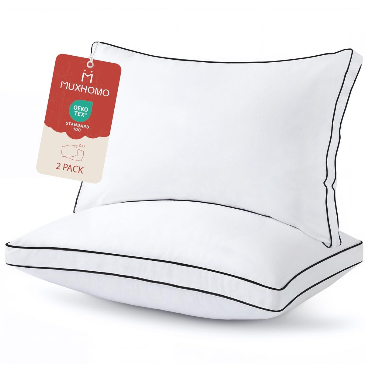 MUXHOMO Bed Pillows Standard Size Set of 2, Full Size Gusseted Bed Pillows for Side, Back, and Stomach Sleepers, Hotel Quality, Oeko-Tex Certified Fluffy Supportive Down Alternative Filling, 2 Pack