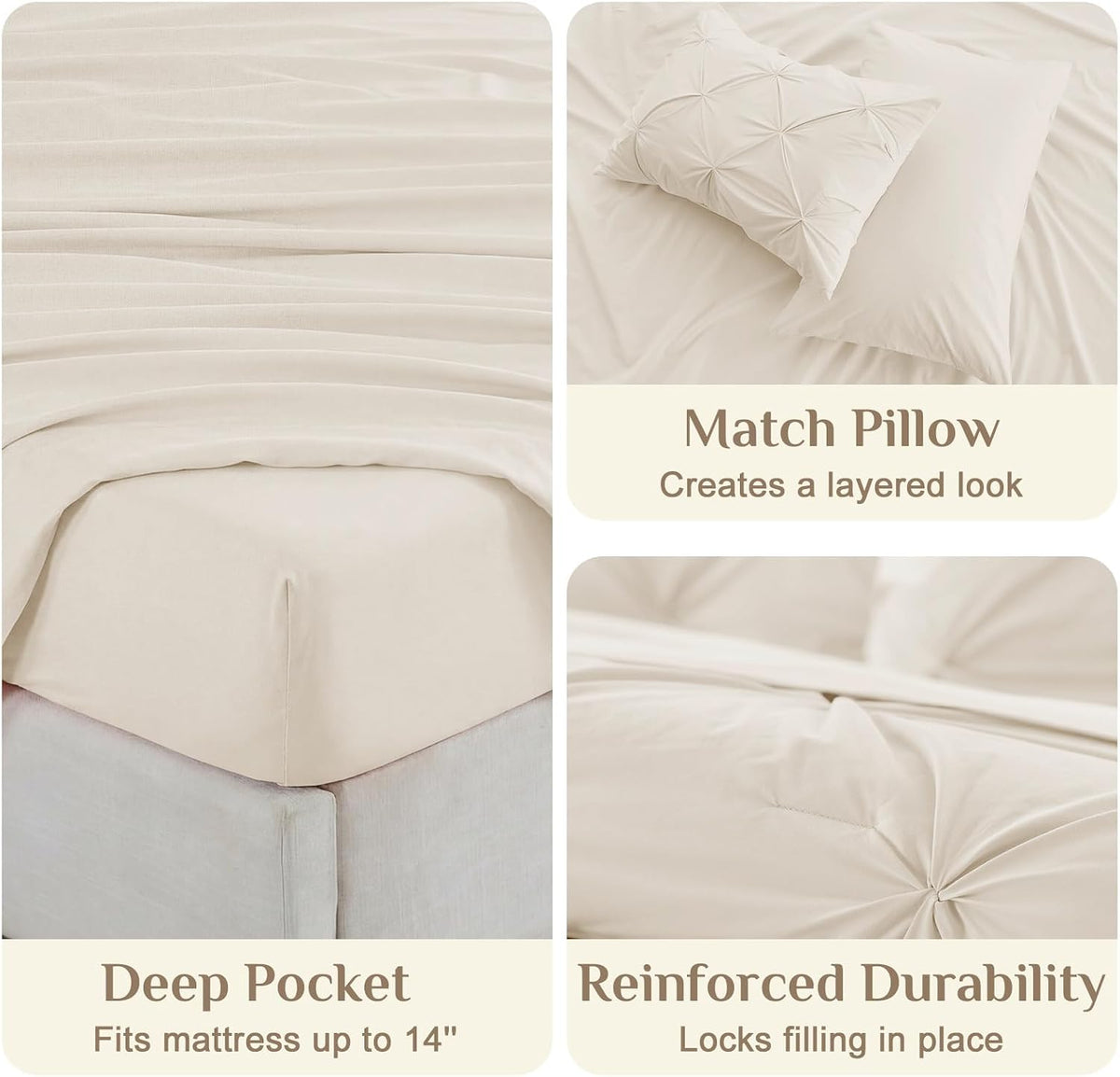 JOLLYVOGUE Twin Comforter Set 5 Pieces - Bed in a Bag Twin for All Season, Pintuck Bedding Comforter Sets with Comforter, Flat Sheet, Fitted Sheet and Pillowcases & Shams, Beige