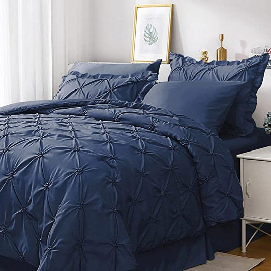 JOLLYVOGUE Comforter Set, Pintuck Navy Blue Bed in a Bag Comforter Set for Bedroom, Bedding Comforter Sets with Comforter, Sheets, Bed Skirt, Ruffled Shams & Pillowcases