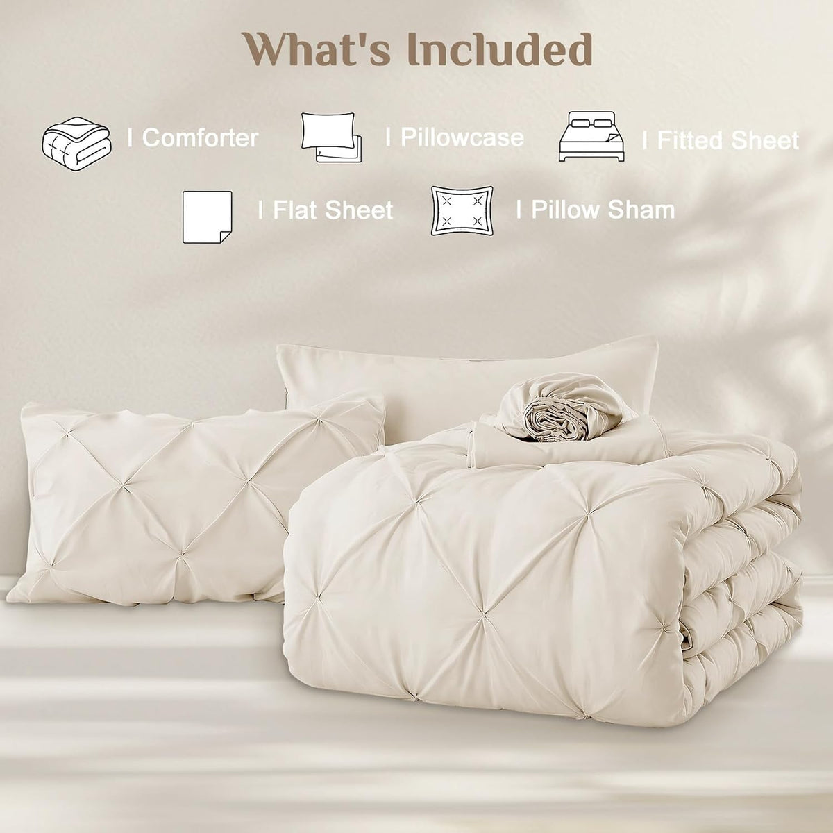 JOLLYVOGUE Twin Comforter Set 5 Pieces - Bed in a Bag Twin for All Season, Pintuck Bedding Comforter Sets with Comforter, Flat Sheet, Fitted Sheet and Pillowcases & Shams, Beige