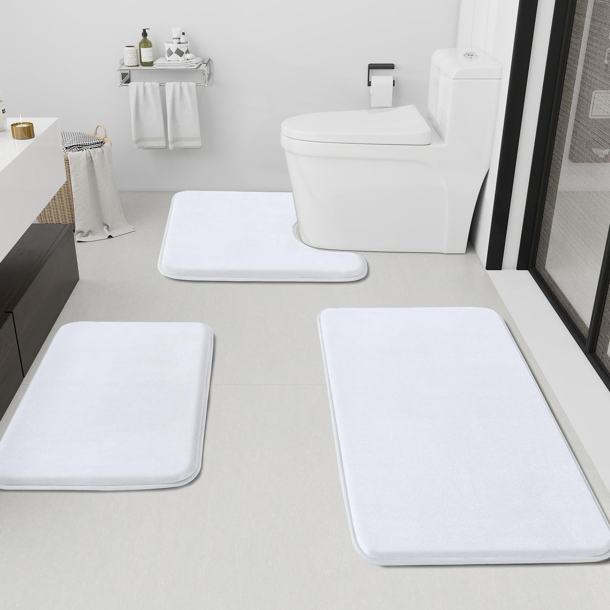 HUXMEYSON Bathroom Rugs Sets 3 Piece, Non-Slip & Quick Dry Bath Mat Set, Ultra Soft Velvet Bath Rugs for Bathroom, Toilet and Shower Floor, Grey