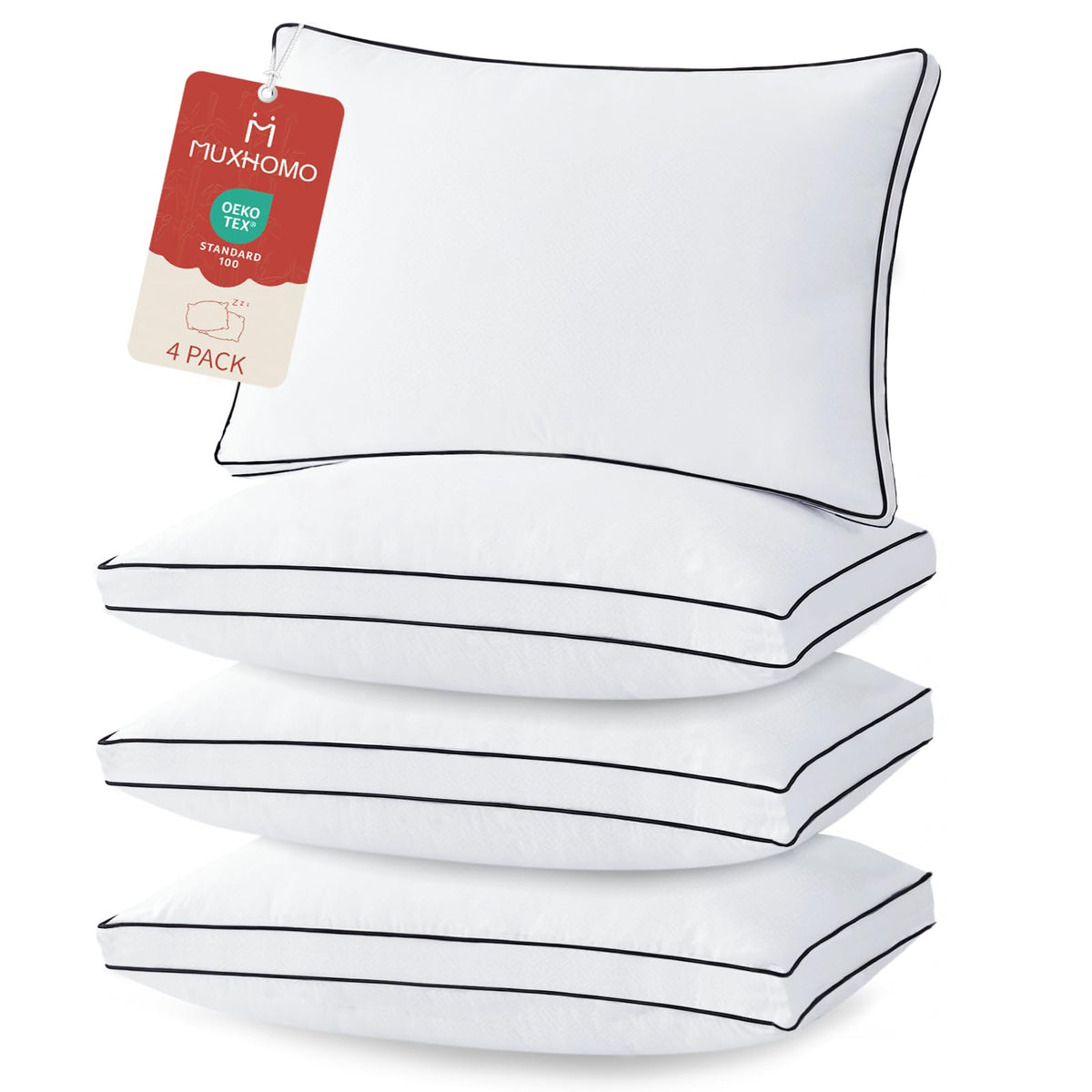 MUXHOMO Bed Pillows Standard Size Set of 2, Full Size Gusseted Bed Pillows for Side, Back, and Stomach Sleepers, Hotel Quality, Oeko-Tex Certified Fluffy Supportive Down Alternative Filling, 2 Pack