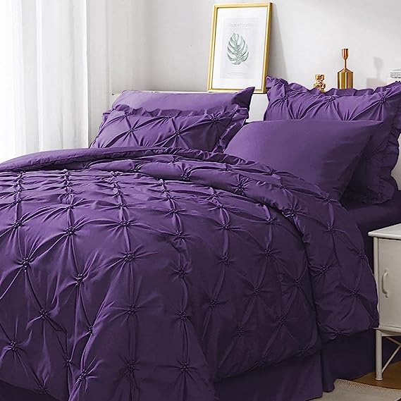JOLLYVOGUE Comforter Set, Pintuck Purple Bed in a Bag Comforter Set for Bedroom, Bedding Comforter Sets with Comforter, Sheets, Bed Skirt, Ruffled Shams & Pillowcases