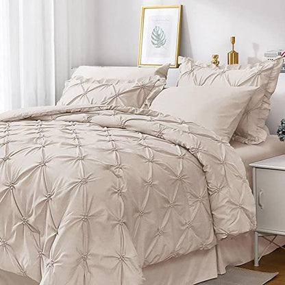 JOLLYVOGUE Comforter Set, Pintuck Beige Bed in a Bag Comforter Set for Bedroom, Bedding Comforter Sets with Comforter, Sheets, Bed Skirt, Ruffled Shams & Pillowcases