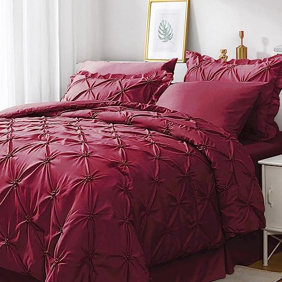 JOLLYVOGUE Comforter Set, Dark Red Bed in a Bag Comforter Set for Bedroom, Bedding Comforter Sets with Comforter, Sheets, Bed Skirt, Ruffled Shams & Pillowcases