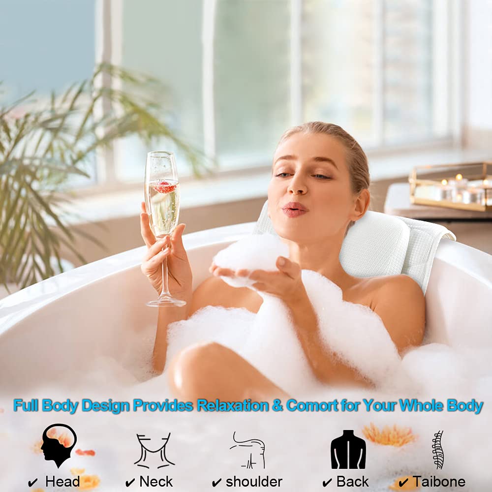 OMYSTYLE Full Body Bath Pillow, Bath Pillows for tub with Mesh Washing Bag & 21 Non-Slip Suction Cups, Spa Bathtub for Head Neck Shoulder and Back Support - 5D Air Mesh & Quick Drying