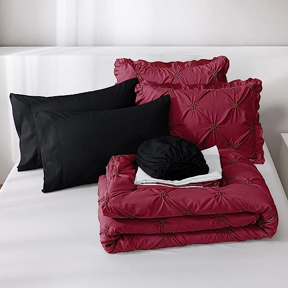 JOLLYVOGUE Comforter Set, Pintuck Dark Red/Black Bed in a Bag Comforter Set for Bedroom, Bedding Comforter Sets with Comforter, Sheets, Bed Skirt, Ruffled Shams & Pillowcases