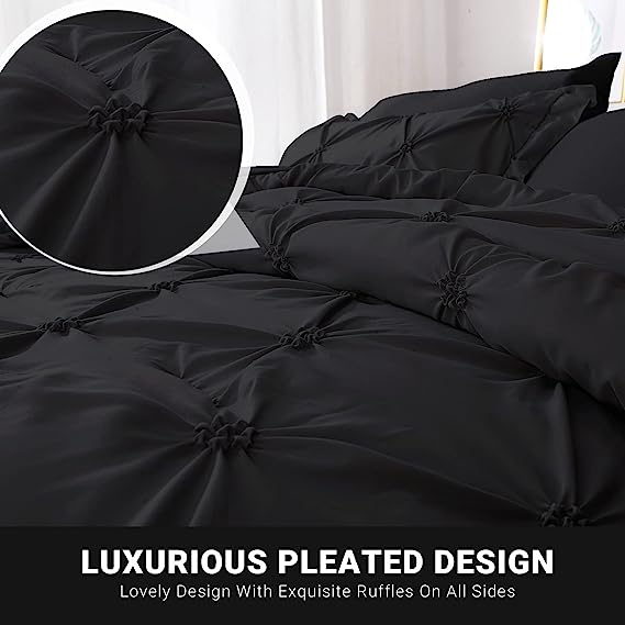 JOLLYVOGUE Comforter Set, Pintuck Black Bed in a Bag Comforter Set for Bedroom, Bedding Comforter Sets with Comforter, Sheets, Bed Skirt, Ruffled Shams & Pillowcases