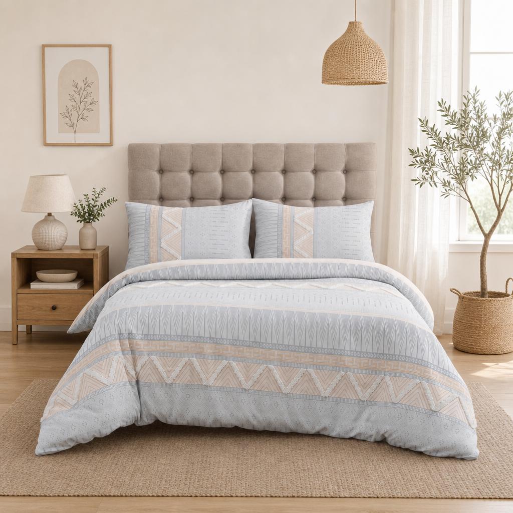 Jollyvogue Sahara Blush Queen Comforter Set 3-Piece, Boho Geometric Tribal Striped Bedding Set, Jacquard Comforter with 2 Pillow Shams, Soft Lightweight All Season Bed Set, Grey Peach White