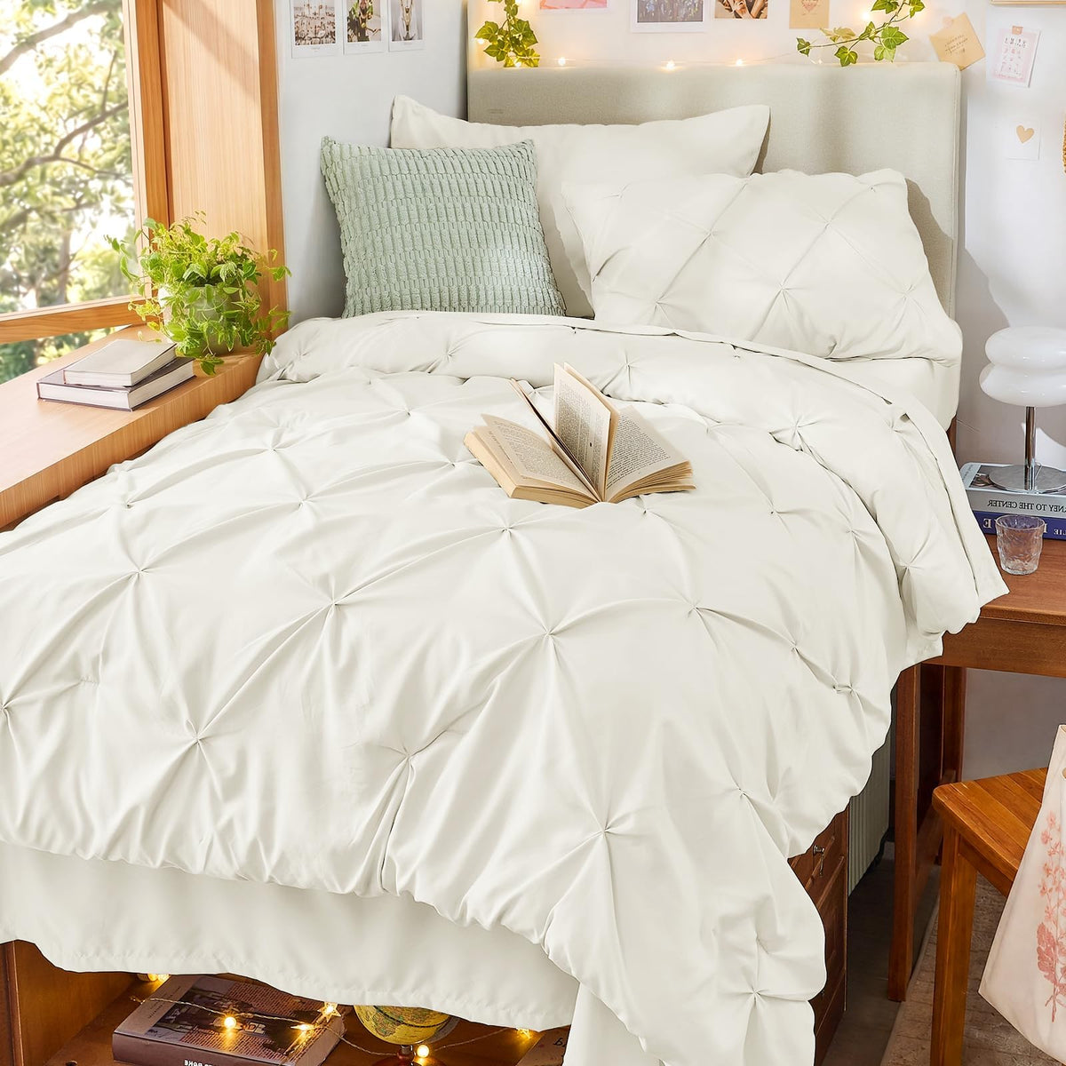 Sasttie Twin Comforter Set, 5-Piece Bed in a Bag, Pintuck Bedding Sets for All Season, Includes Comforter, Flat Sheet, Fitted Sheet, Pillowcase and Pillowsham, Baby Pink