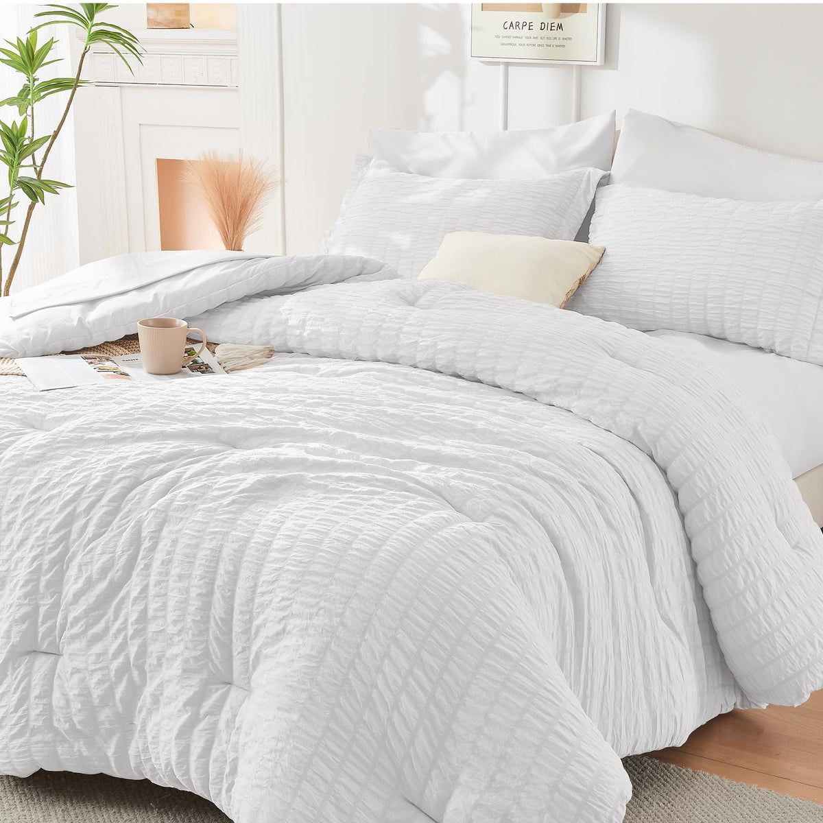 HYMOKEGE Full Size Comforter Sets Seersucker 7 Pieces, All Season Luxury Bed in a Bag for Bedroom, Bedding Set with Comforters, Sheets, Pillowcases & Shams, Dark Grey