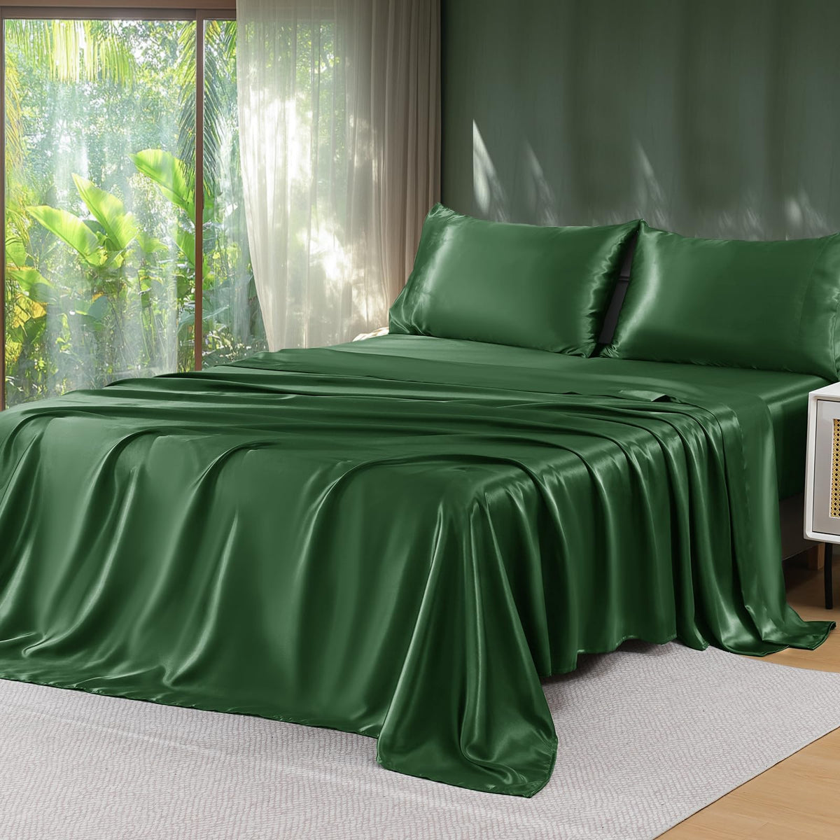 Sasttie Satin Sheets Black Queen Size - 4 Pieces Luxury Soft Black Silky Bed Sheets Set with Pillowcases - Smooth Silk-Like Satin Fwabric, Reinforced 14 Inches Pocket, Oeko-Tex Certified