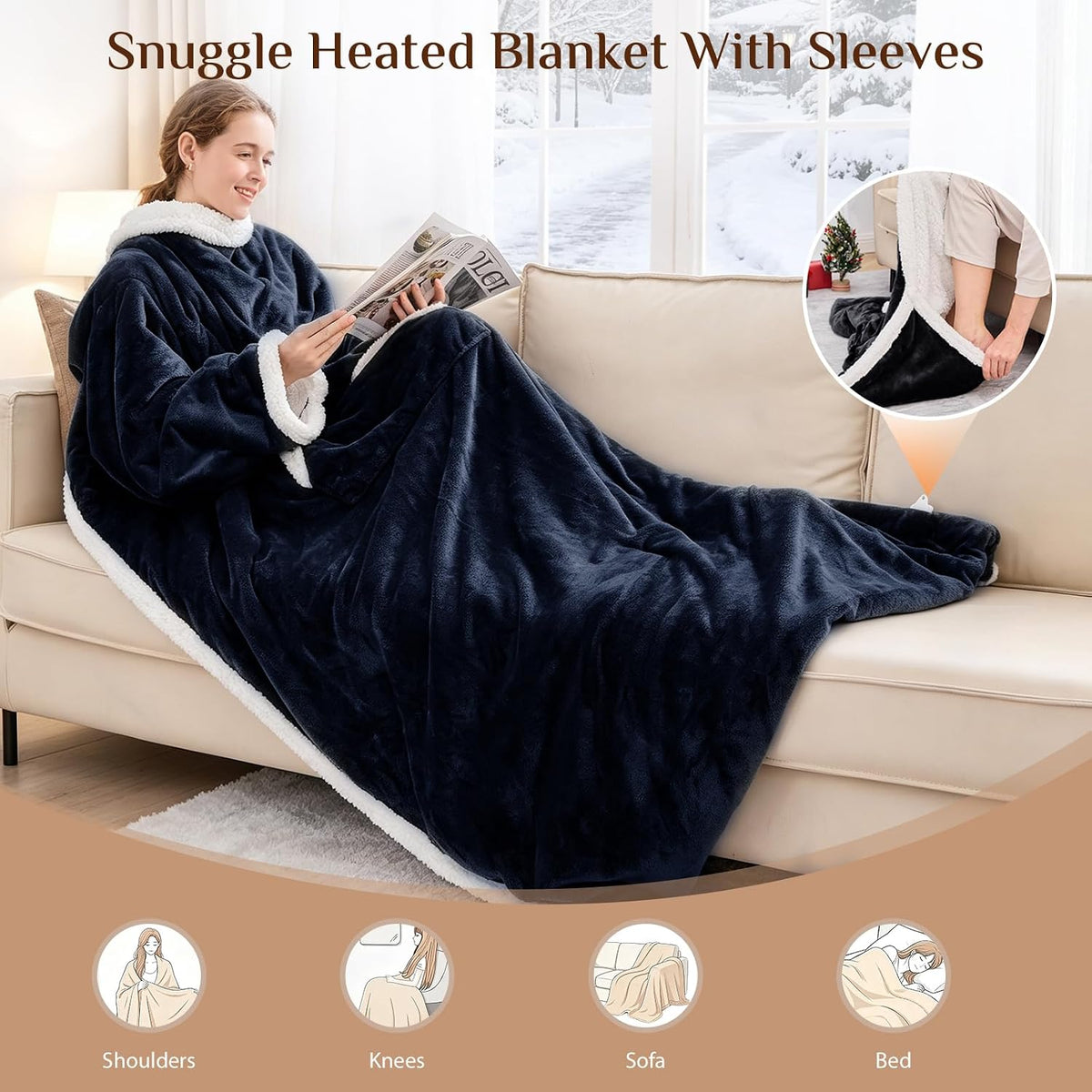 JOLLYVOGUE Wearable Heated Blanket - Heating Electric Blanket with Sleeves & Foot Pocket, Heated Throw for Adult, Birthday Gifts with 7 Heat Settings & Fixed 4h Auto Shut-Off (50 * 70 Inch, Blue)