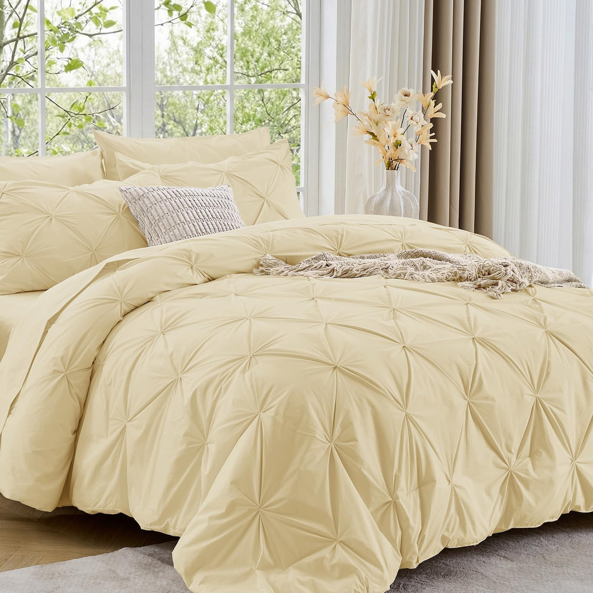 Sasttie Twin Comforter Set, 5-Piece Bed in a Bag, Pintuck Bedding Sets for All Season, Includes Comforter, Flat Sheet, Fitted Sheet, Pillowcase and Pillowsham, Baby Pink
