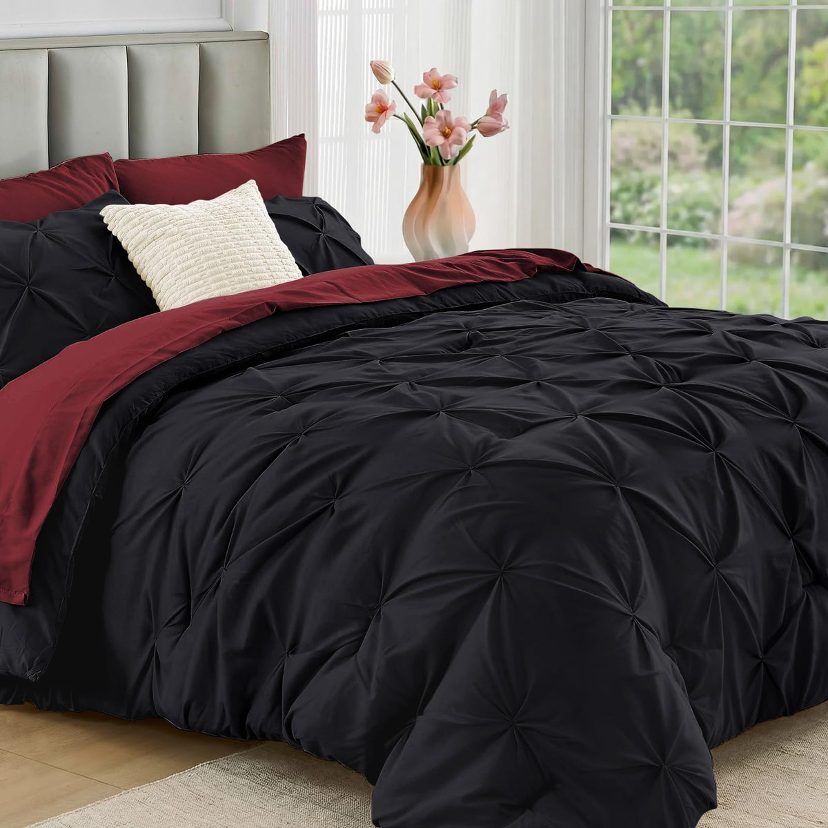 JOLLYVOGUE Twin Comforter Set 5 Pieces - Bed in a Bag Twin for All Season, Pintuck Bedding Comforter Sets with Comforter, Flat Sheet, Fitted Sheet and Pillowcases & Shams, Beige