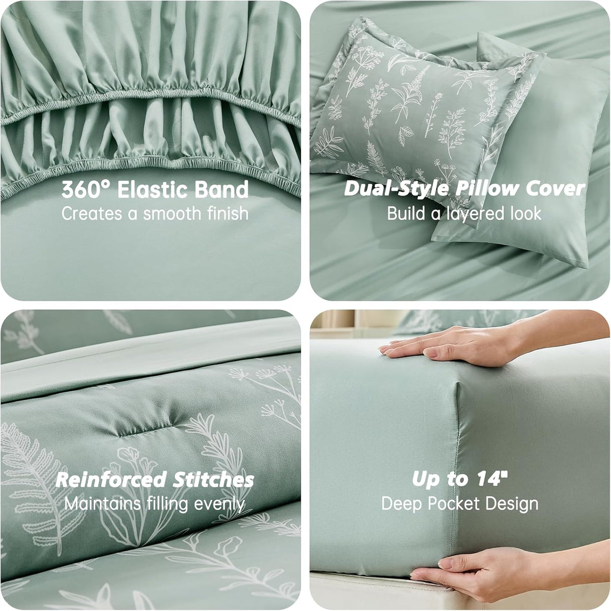 MUXHOMO Sage Green TwinXL Comforter Set, Elegant Floral Print Bed in a Bag 5 Pieces, Ultra Soft & Breathable Reversible Botanical Pattern Bedding Set with Comforter, Sheets, Pillowcase, and Sham
