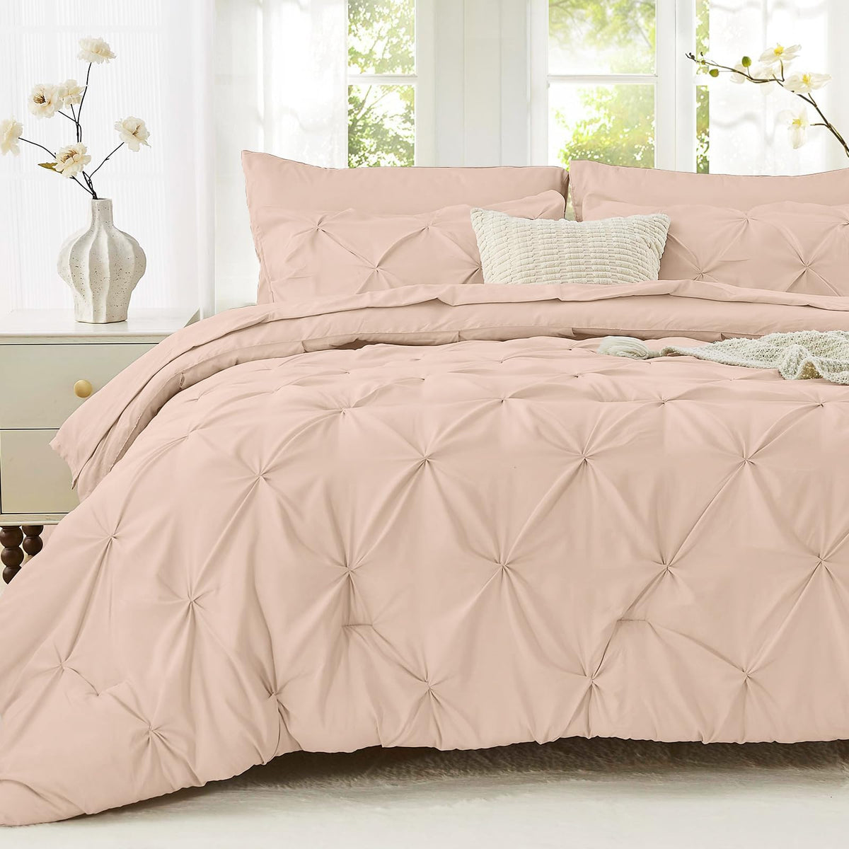 Sasttie Twin Comforter Set, 5-Piece Bed in a Bag, Pintuck Bedding Sets for All Season, Includes Comforter, Flat Sheet, Fitted Sheet, Pillowcase and Pillowsham, Baby Pink