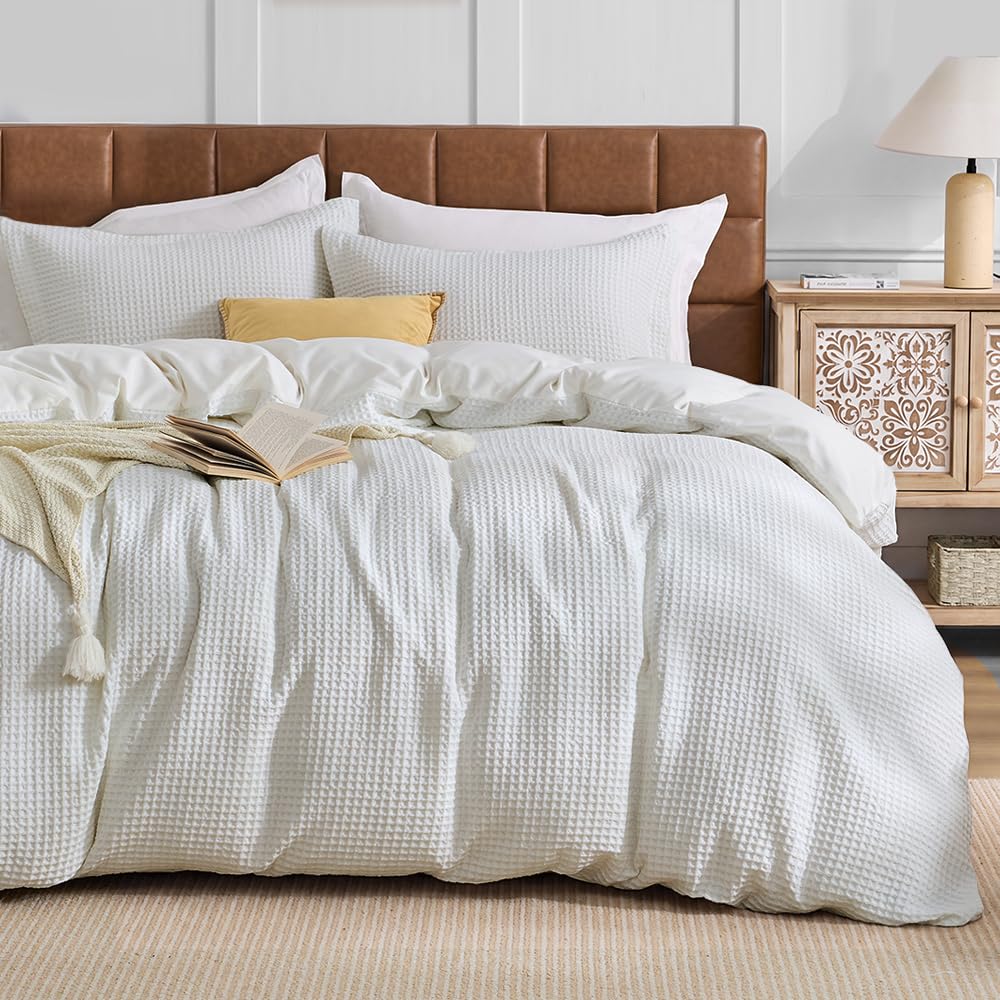 JOLLYVOGUE Waffle Wave Duvet Cover Set Queen Size, 3-Piece, Beige