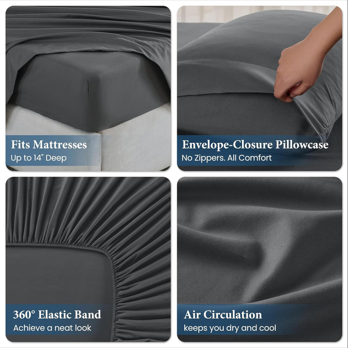 JOLLYVOGUE Queen Size Bed Sheet Set - 4 Piece Bed Sheets Set with Deep Pocket - Soft Breathable & Cooling - Resists Shrinkage & Fading Draps Queen - Easy Care (Dark Grey)