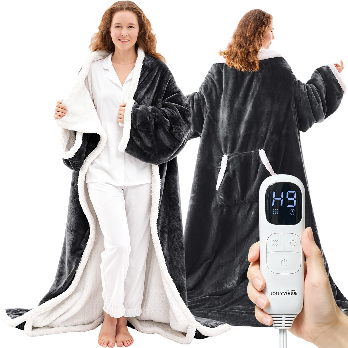 JOLLYVOGUE Wearable Heated Blanket - Heating Electric Blanket with Sleeves & Foot Pocket, Heated Throw for Adult, Birthday Gifts with 7 Heat Settings & Fixed 4h Auto Shut-Off (50 * 70 Inch, Blue)