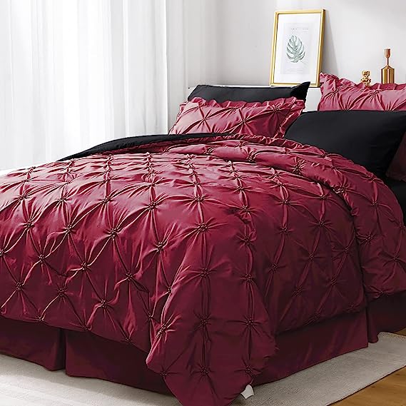 JOLLYVOGUE Comforter Set, Pintuck Dark Red/Black Bed in a Bag Comforter Set for Bedroom, Bedding Comforter Sets with Comforter, Sheets, Bed Skirt, Ruffled Shams & Pillowcases