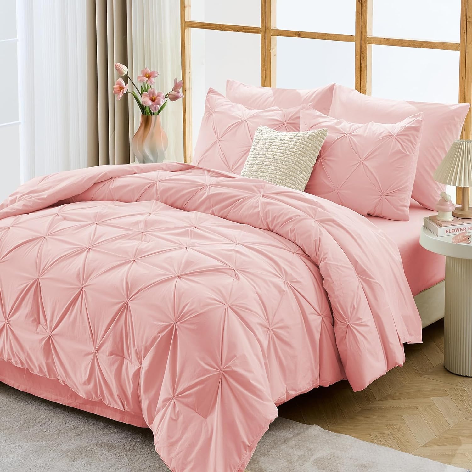 JOLLYVOGUE Queen Comforter Set 7 Pieces - Bed in a Bag Queen for All Season, Pintuck Bedding Comforter Sets with Comforter, Flat Sheet, Fitted Sheet and Pillowcases & Shams, Pink