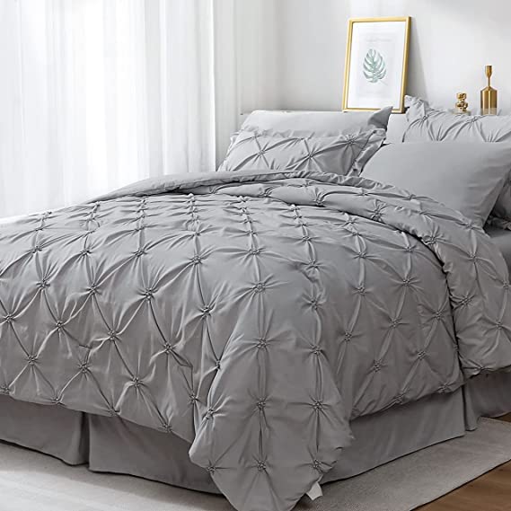 JOLLYVOGUE Gray Bed in a Bag Comforter Set for Bedroom, Pintuck Comforter Sets, Beddding Sets with Comforter, Sheets, Bed Skirt, Ruffled Shams & Pillowcases