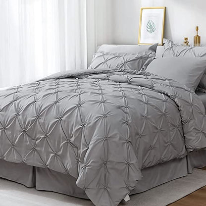 JOLLYVOGUE Comforter Set, Pintuck Light Gray Bed in a Bag Comforter Set for Bedroom, Bedding Comforter Sets with Comforter, Sheets, Bed Skirt, Ruffled Shams & Pillowcases