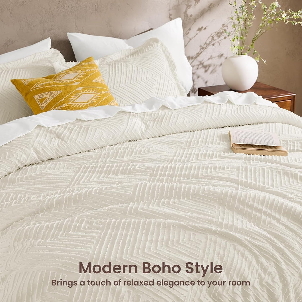 JOLLYVOGUE Queen Comforter Set 7-Piece, Boho Tufted Bed in a Bag, Beige