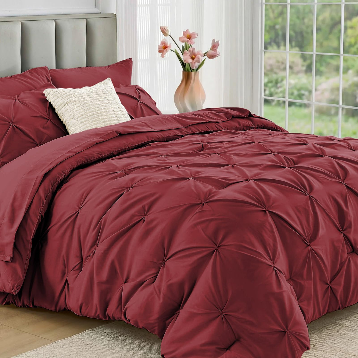 JOLLYVOGUE Twin Comforter Set 5 Pieces - Bed in a Bag Twin for All Season, Pintuck Bedding Comforter Sets with Comforter, Flat Sheet, Fitted Sheet and Pillowcases & Shams, Beige