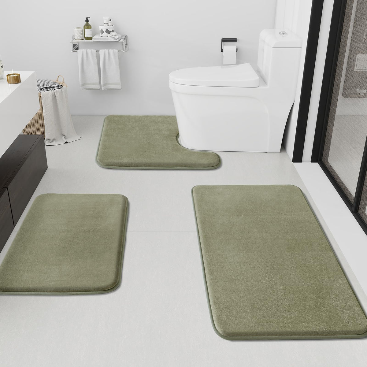 HUXMEYSON Bathroom Rugs Sets 3 Piece, Non-Slip & Quick Dry Bath Mat Set, Ultra Soft Velvet Bath Rugs for Bathroom, Toilet and Shower Floor, Grey
