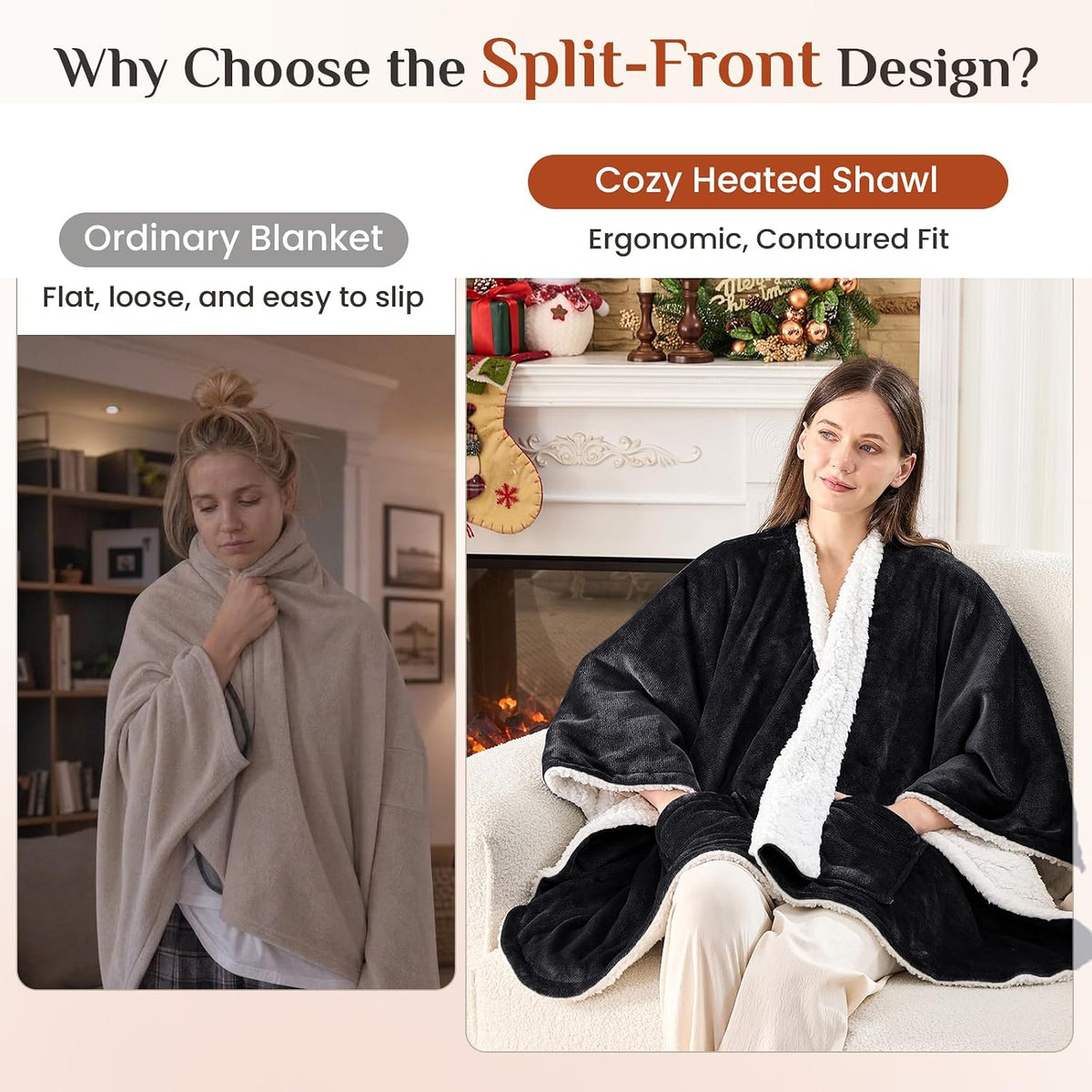 JOLLYVOGUE USB Heated Wearable Blanket Shawl, 55 x 60 Inch, Black