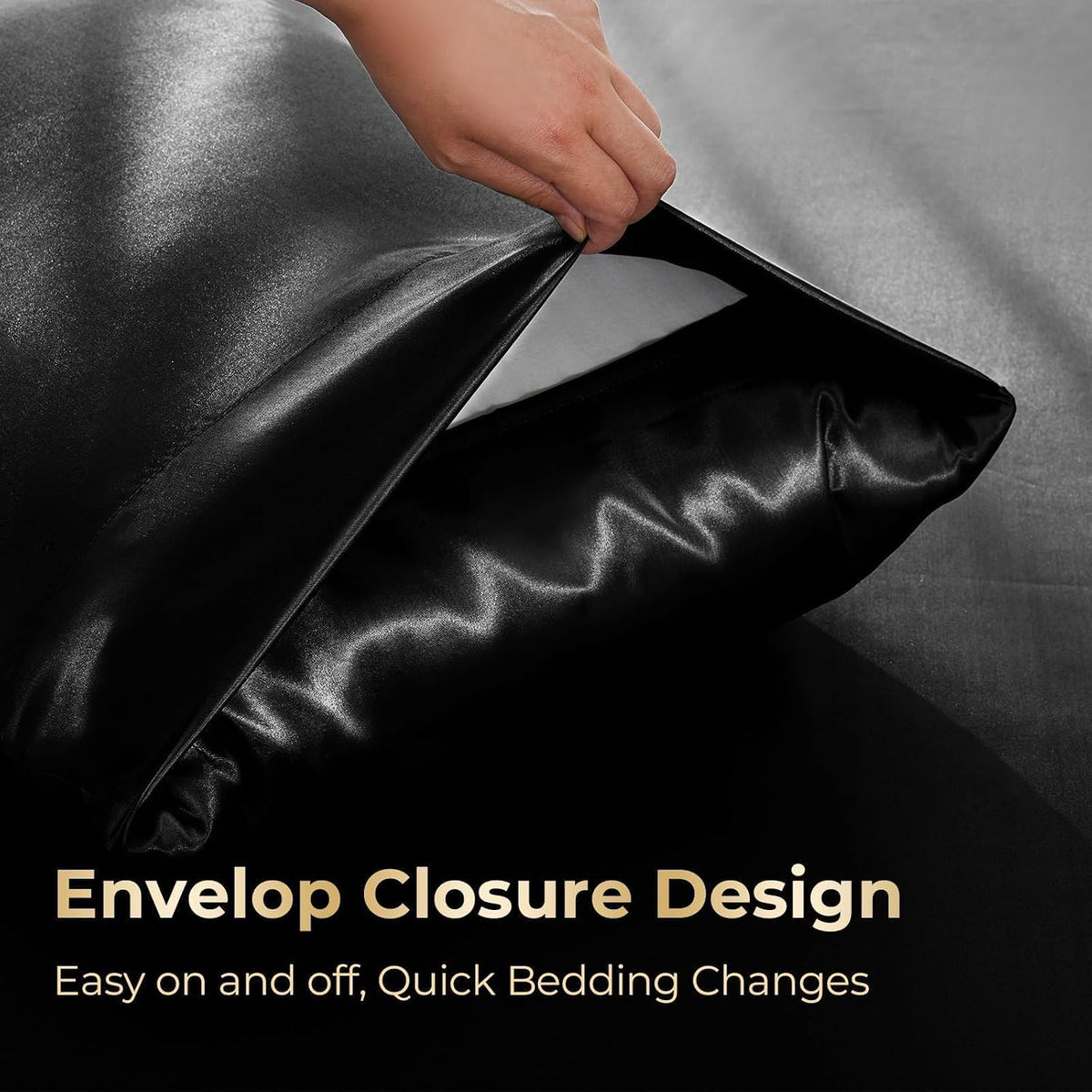 Sasttie Satin Sheets Black Queen Size - 4 Pieces Luxury Soft Black Silky Bed Sheets Set with Pillowcases - Smooth Silk-Like Satin Fwabric, Reinforced 14 Inches Pocket, Oeko-Tex Certified