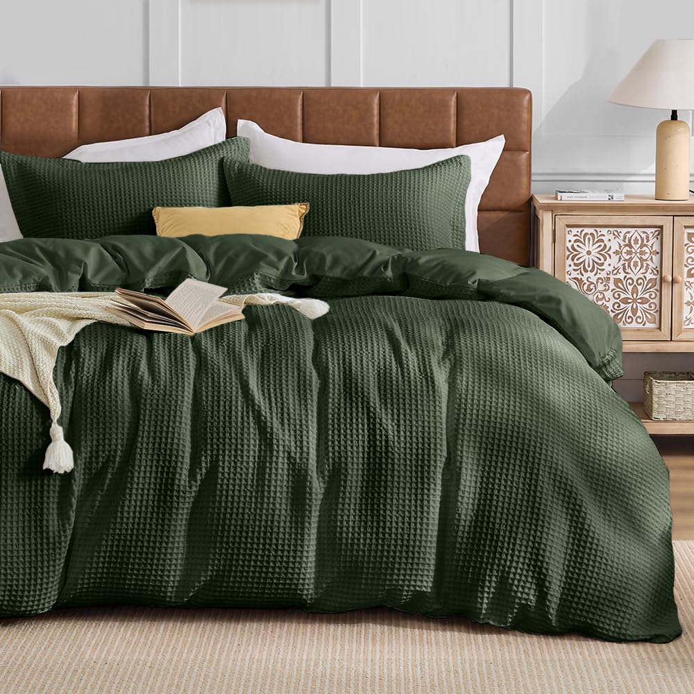 JOLLYVOGUE Waffle Wave Duvet Cover Set Queen Size, 3-Piece, Beige