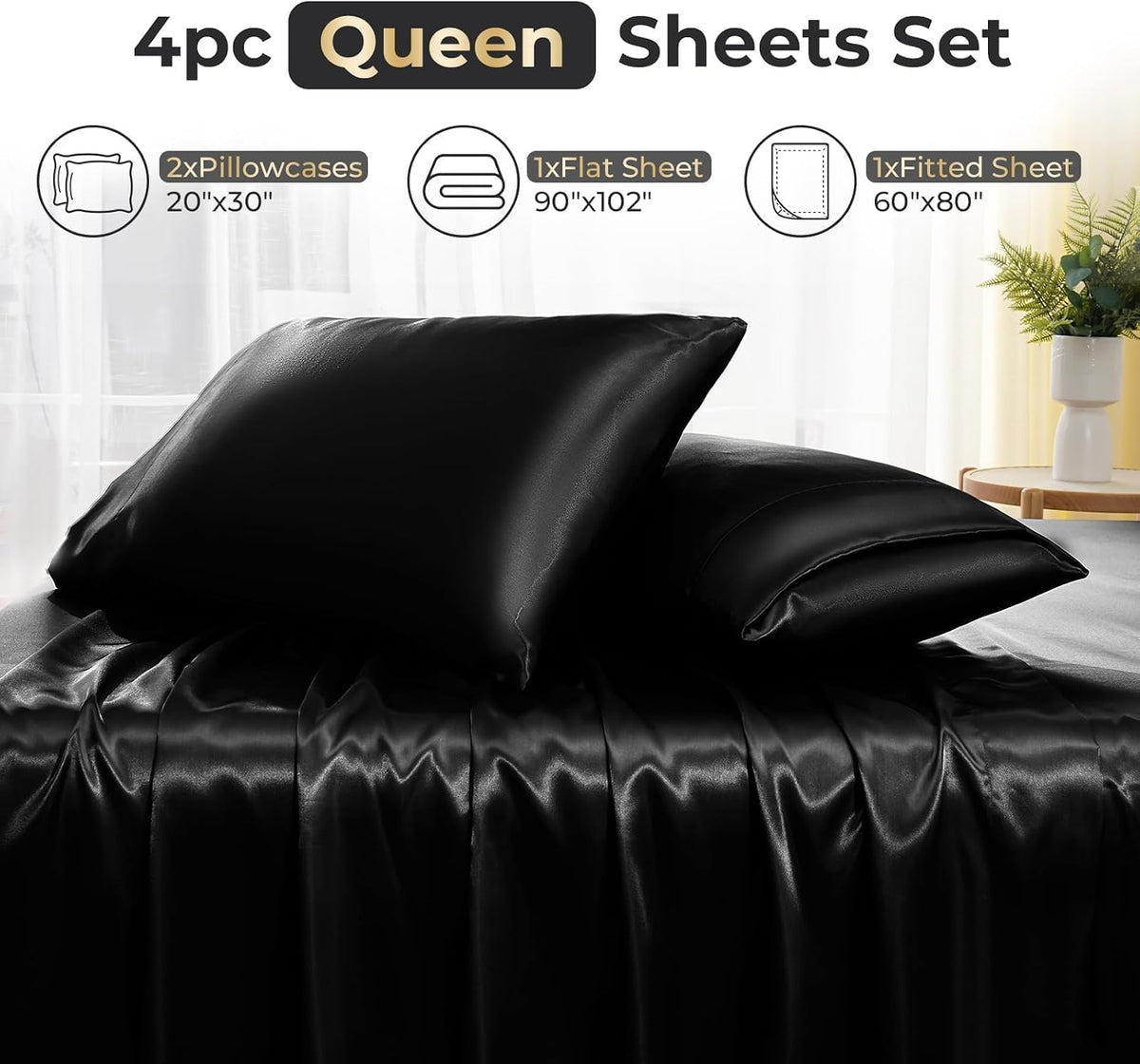 Sasttie Satin Sheets Black Queen Size - 4 Pieces Luxury Soft Black Silky Bed Sheets Set with Pillowcases - Smooth Silk-Like Satin Fwabric, Reinforced 14 Inches Pocket, Oeko-Tex Certified