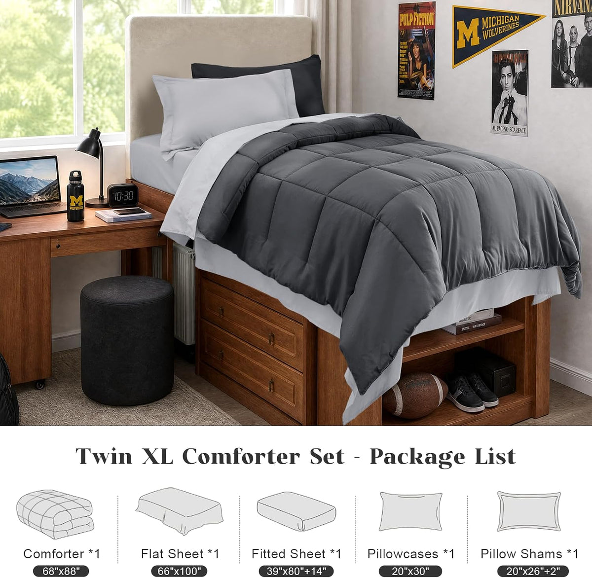 JOLLYVOGUE Twin Comforter Set, Ultra-Soft Bed in a Bag Twin Size 5 Pieces, Oeko-TEX Certified Bedding Set with Down Alternative Comforter, Sheets, Pillowcases & Shams, Dark & Light Grey
