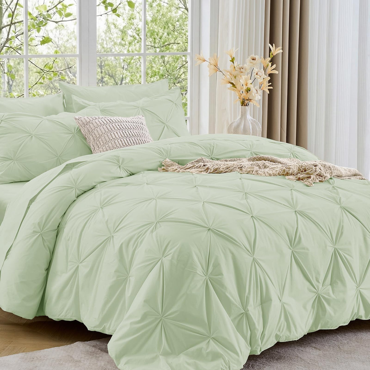 Sasttie Twin Comforter Set, 5-Piece Bed in a Bag, Pintuck Bedding Sets for All Season, Includes Comforter, Flat Sheet, Fitted Sheet, Pillowcase and Pillowsham, Baby Pink