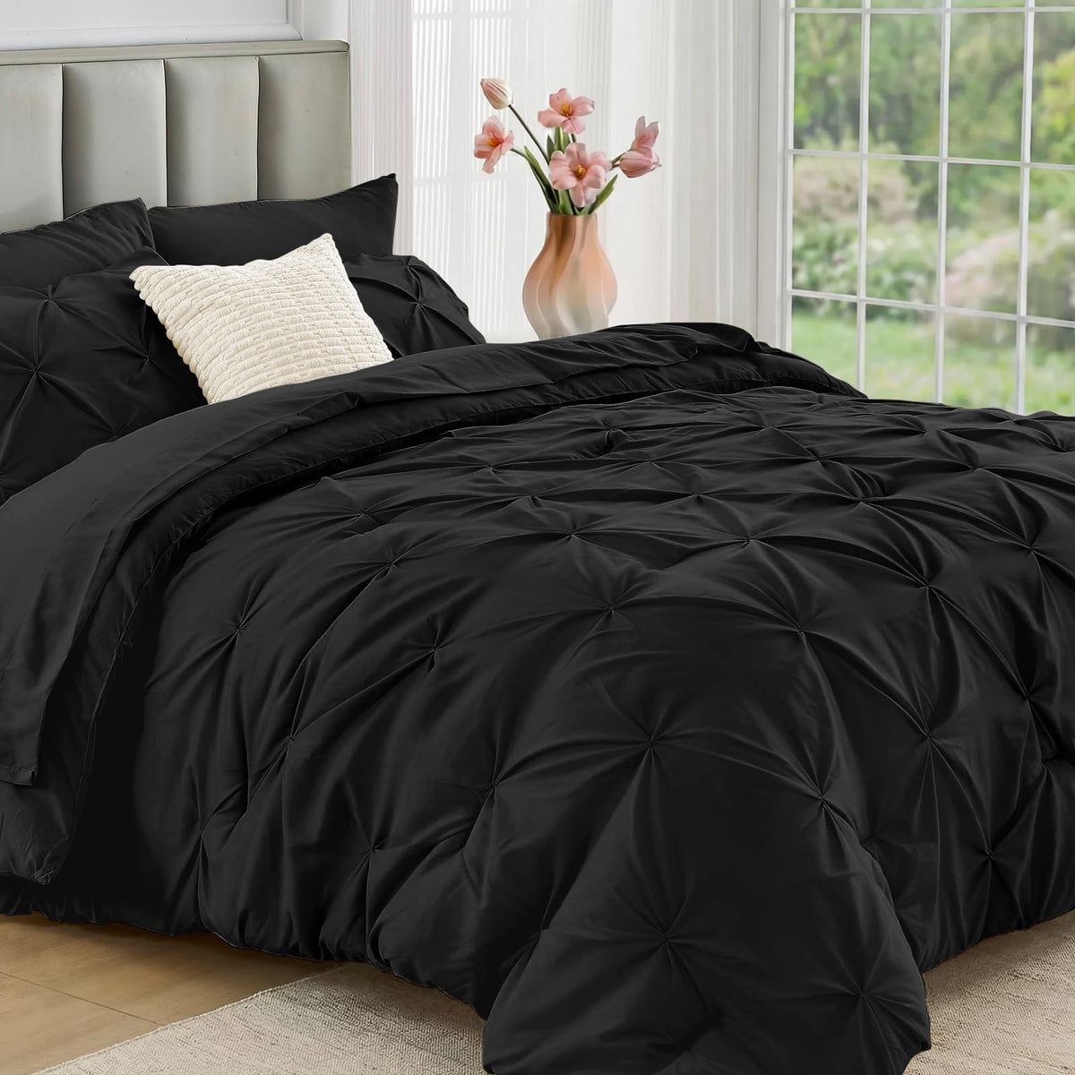 JOLLYVOGUE Twin Comforter Set 5 Pieces - Bed in a Bag Twin for All Season, Pintuck Bedding Comforter Sets with Comforter, Flat Sheet, Fitted Sheet and Pillowcases & Shams, Beige