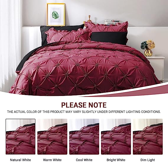 JOLLYVOGUE Comforter Set, Pintuck Dark Red/Black Bed in a Bag Comforter Set for Bedroom, Bedding Comforter Sets with Comforter, Sheets, Bed Skirt, Ruffled Shams & Pillowcases