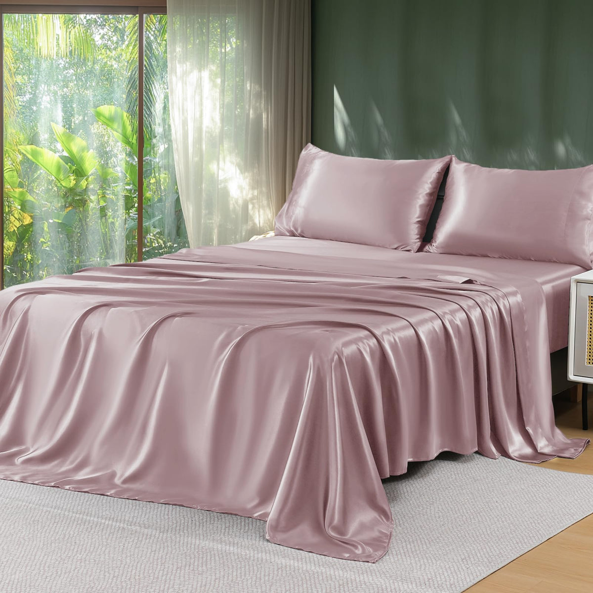 Sasttie Satin Sheets Black Queen Size - 4 Pieces Luxury Soft Black Silky Bed Sheets Set with Pillowcases - Smooth Silk-Like Satin Fwabric, Reinforced 14 Inches Pocket, Oeko-Tex Certified