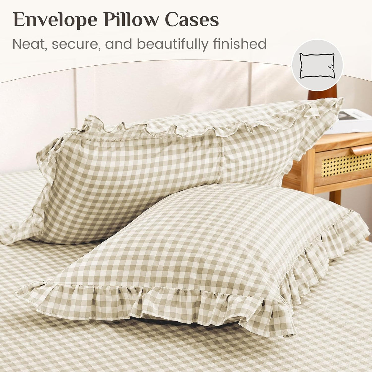 JOLLYVOGUE Beige Gingham Sheet Set Full, 4-Piece Ruffle Bedding