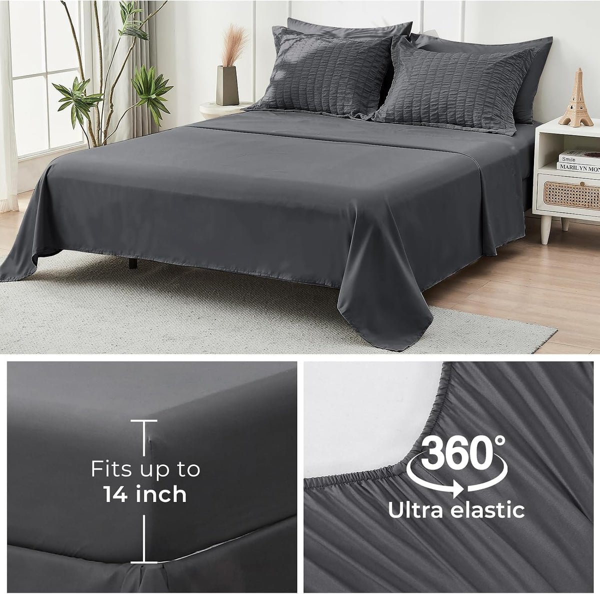 HYMOKEGE Full Size Comforter Sets Seersucker 7 Pieces, All Season Luxury Bed in a Bag for Bedroom, Bedding Set with Comforters, Sheets, Pillowcases & Shams, Dark Grey