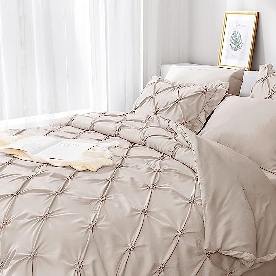 JOLLYVOGUE Comforter Set, Pintuck Beige Bed in a Bag Comforter Set for Bedroom, Bedding Comforter Sets with Comforter, Sheets, Bed Skirt, Ruffled Shams & Pillowcases
