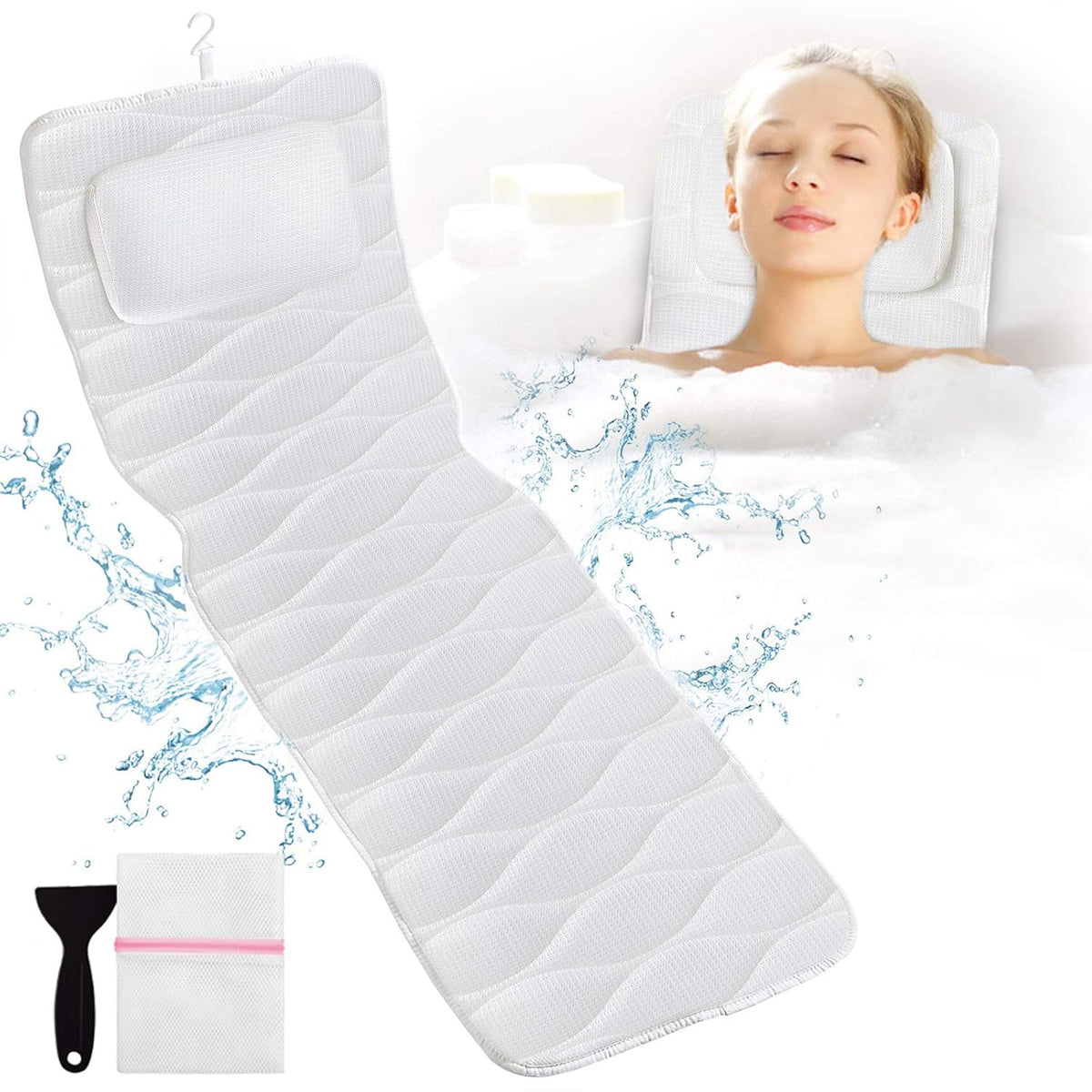 OMYSTYLE Full Body Bath Pillow, Bath Pillows for tub with Mesh Washing Bag & 21 Non-Slip Suction Cups, Spa Bathtub for Head Neck Shoulder and Back Support - 5D Air Mesh & Quick Drying